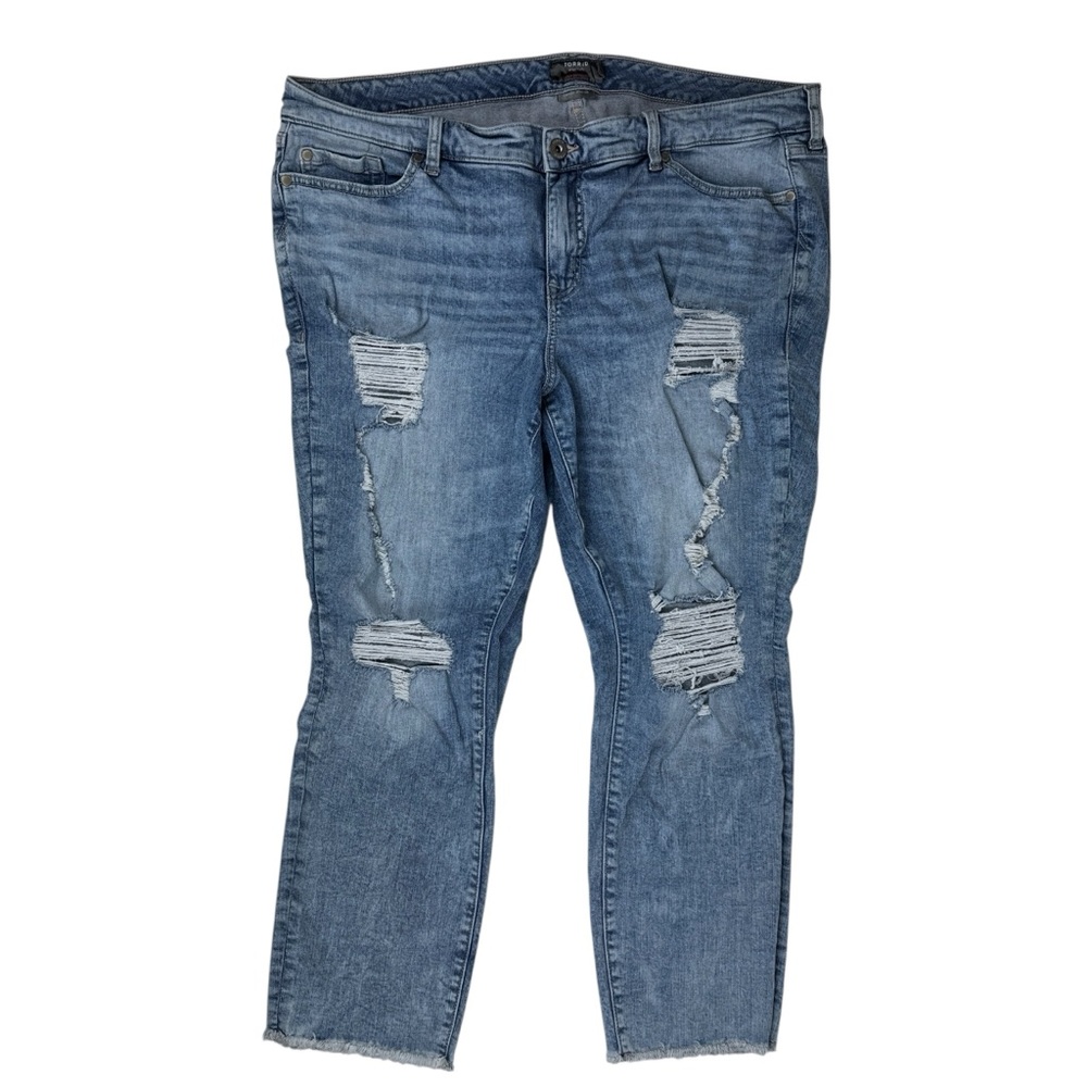 Torrid Crop Boyfriend Jeans 20 Blue Vintage Stretch Mid Rise Distressed Raw Hem